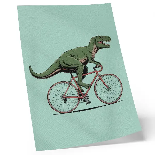 Póster de dinosaurio verde en bicicleta sobre un fondo turquesa