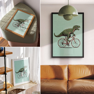 Póster Dinosaurio verde en bicicleta sobre un fondo turquesa