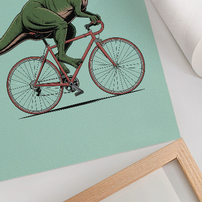 Póster Dinosaurio verde en bicicleta sobre un fondo turquesa