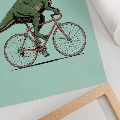 Póster de dinosaurio verde en bicicleta sobre un fondo turquesa