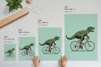 Póster Dinosaurio verde en bicicleta sobre un fondo turquesa