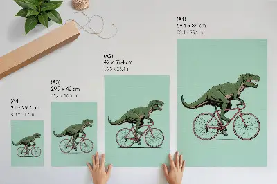 Póster de dinosaurio verde en bicicleta sobre un fondo turquesa