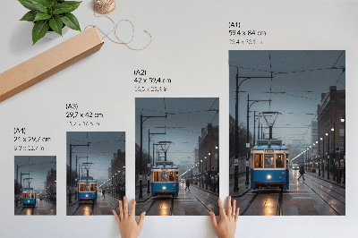Póster con colores saturados Tranvía azul, día lluvioso, vida en la ciudad