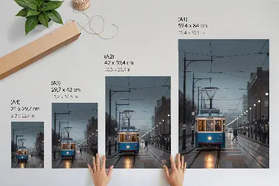 Póster con colores saturados tranvía azul en un día lluvioso de vida urbana