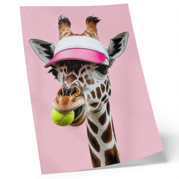 Lámina artística de alta calidad Jirafa graciosa con gorra y pelota de tenis.
