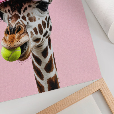 Lámina artística de alta calidad Jirafa graciosa con gorra y pelota de tenis.