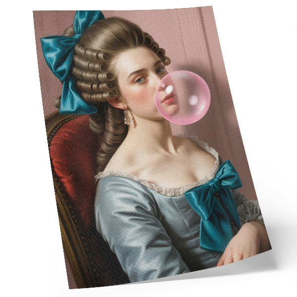 Póster con colores saturados Retrato de una mujer con chicle, estilo retro.