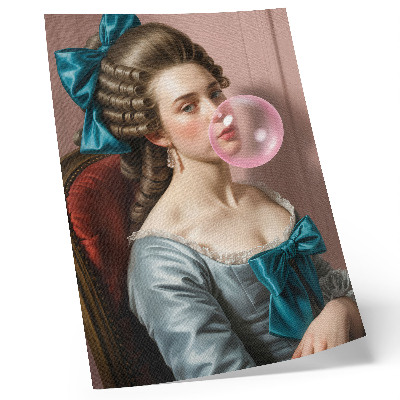 Póster con colores saturados Retrato de una mujer con chicle, estilo retro.
