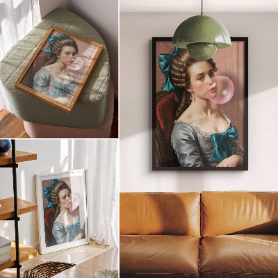 Póster con colores saturados Retrato de una mujer con chicle, estilo retro.