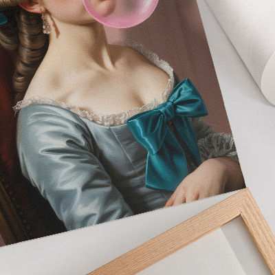 Póster con colores saturados Retrato de una mujer con chicle, estilo retro.