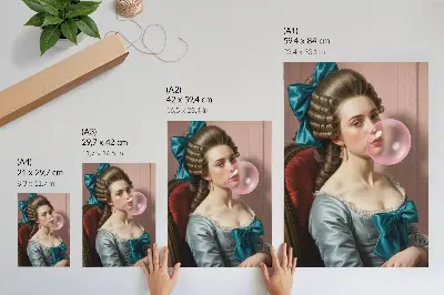 Póster de retrato de mujer con chicle diseño con colores saturados en estilo retro