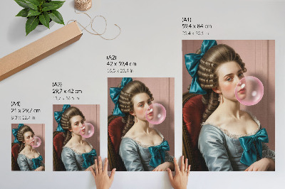 Póster con colores saturados Retrato de una mujer con chicle, estilo retro.