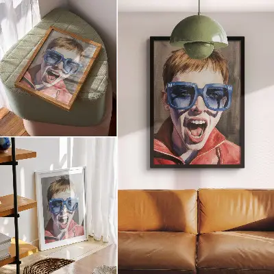 Lámina artística retrato de una persona con gafas y colores vivos