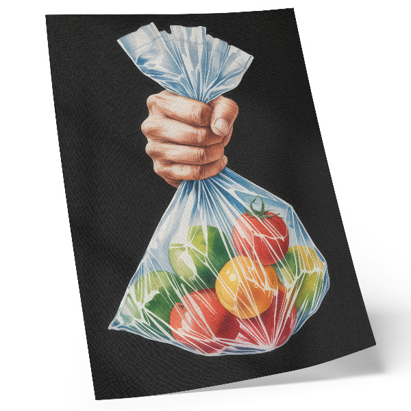 Póster con colores saturados Una mano con una bolsa de plástico llena de fruta de colores.