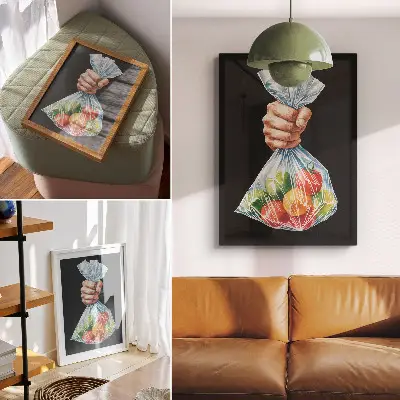 Póster de mano con bolsa de fruta colorida con colores saturados