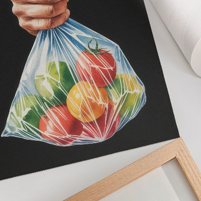 Póster con colores saturados Una mano con una bolsa de plástico llena de fruta de colores.