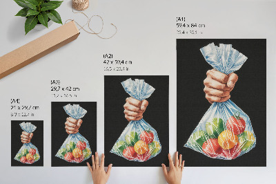 Póster con colores saturados Una mano con una bolsa de plástico llena de fruta de colores.