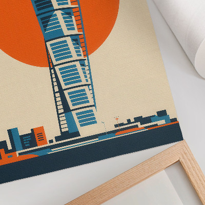 Póster Sol naranja, rascacielos moderno, formas geométricas