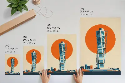 Póster sol naranja con rascacielos moderno y formas geométricas