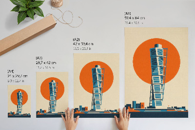Póster Sol naranja, rascacielos moderno, formas geométricas