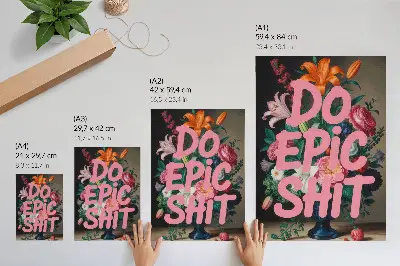 Póster con flores coloridas y letras rosas de diseño vibrante con alto contraste
