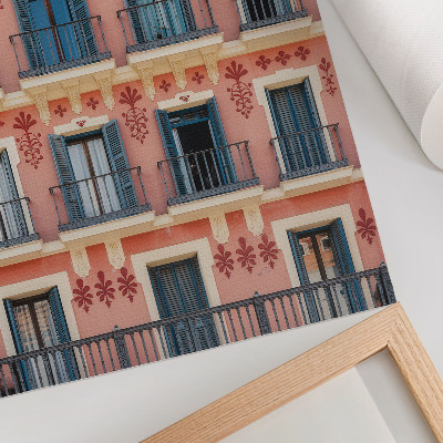 Lienzo decorativo moderno fachada simétrica con contraventanas azul marino y decoraciones florales