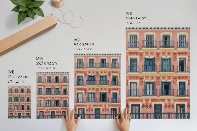 Lienzo decorativo moderno fachada simétrica con contraventanas azul marino y decoraciones florales