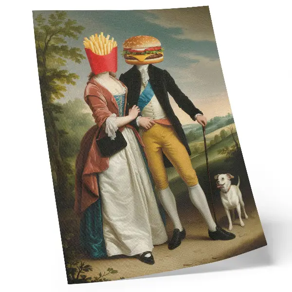 Lámina artística de alta calidad con diseño surrealista de hamburguesa y papas fritas
