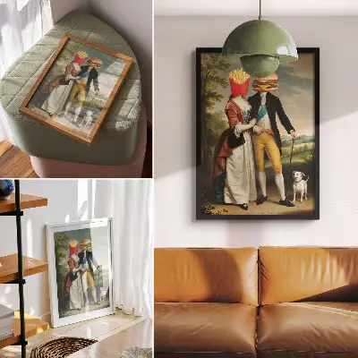 Lámina artística de alta calidad con diseño surrealista de hamburguesa y papas fritas