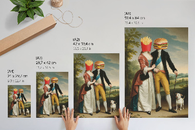 Lámina artística de alta calidad Humor surrealista, cabezas, papas fritas, hamburguesa