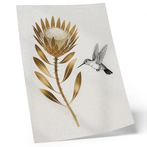 Póster de colibrí y flores con colores saturados en un tono moderno
