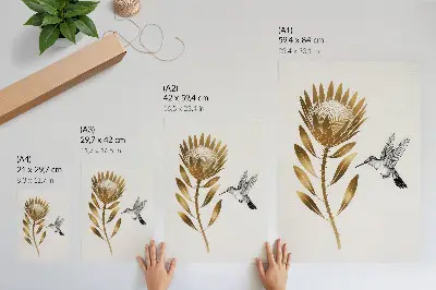 Póster de colibrí y flores con colores saturados en un tono moderno