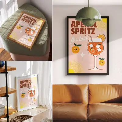 Póster de letras con frutas sonrientes diseño con colores saturados en tonos naranja y amarillo