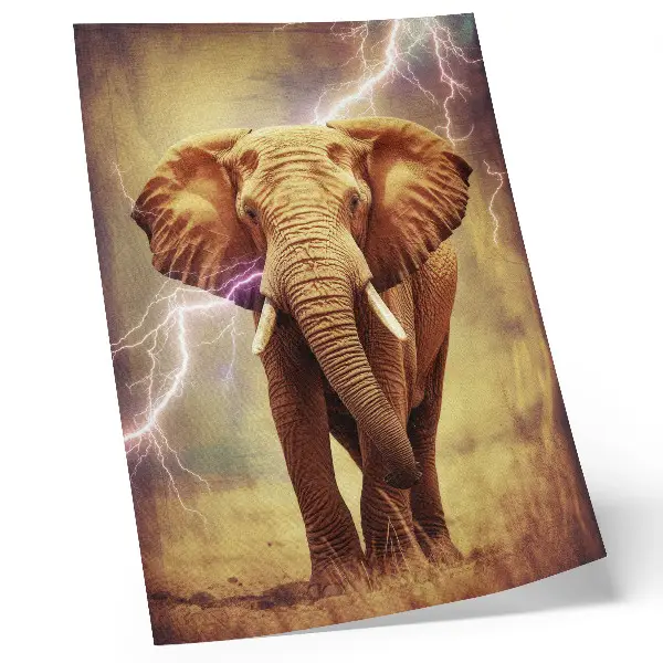 Póster de elefante con escenario dinámico de relámpagos y colores saturados