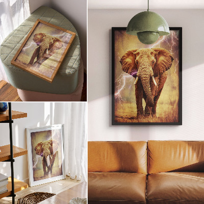 Póster con colores saturados Elefante con escenario dinámico de relámpagos