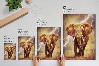 Póster de elefante con escenario dinámico de relámpagos y colores saturados