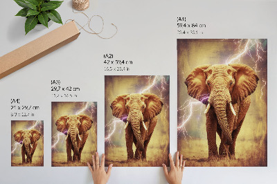 Póster con colores saturados Elefante con escenario dinámico de relámpagos