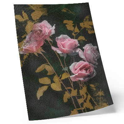 Póster Rosas rosadas, hojas verdes, detalles dorados, elegancia.