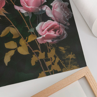 Póster Rosas rosadas, hojas verdes, detalles dorados, elegancia.