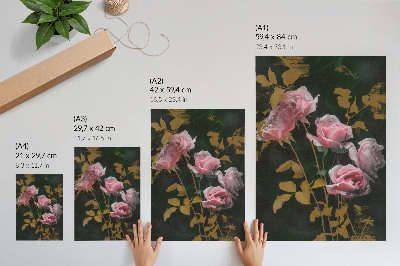 Póster Rosas rosadas, hojas verdes, detalles dorados, elegancia.