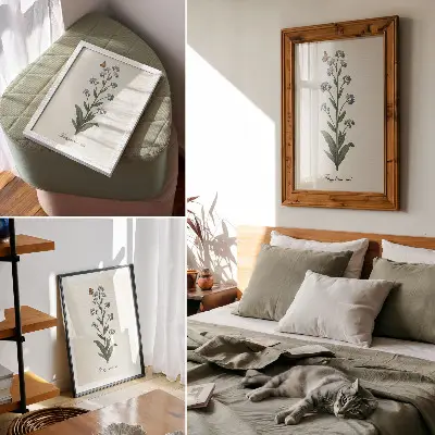 Lienzo decorativo moderno con diseño de nomeolvides y una mariposa sobre fondo color crema