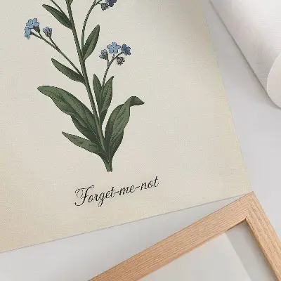 Lienzo decorativo moderno con diseño de nomeolvides y una mariposa sobre fondo color crema