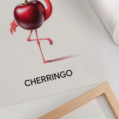 Póster flamenco rosa y rojo con composición fantástica de cerezas