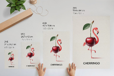 Póster Flamenco rosa y rojo con cereza - composición fantástica