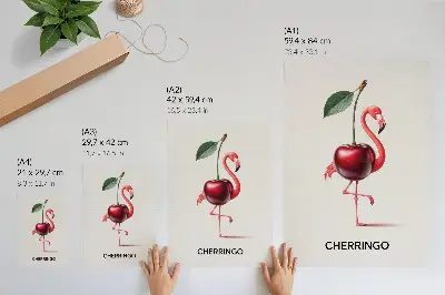 Póster flamenco rosa y rojo con composición fantástica de cerezas