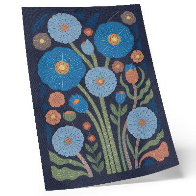 Póster con colores saturados Flores azules, detalles en naranja, fondo azul marino