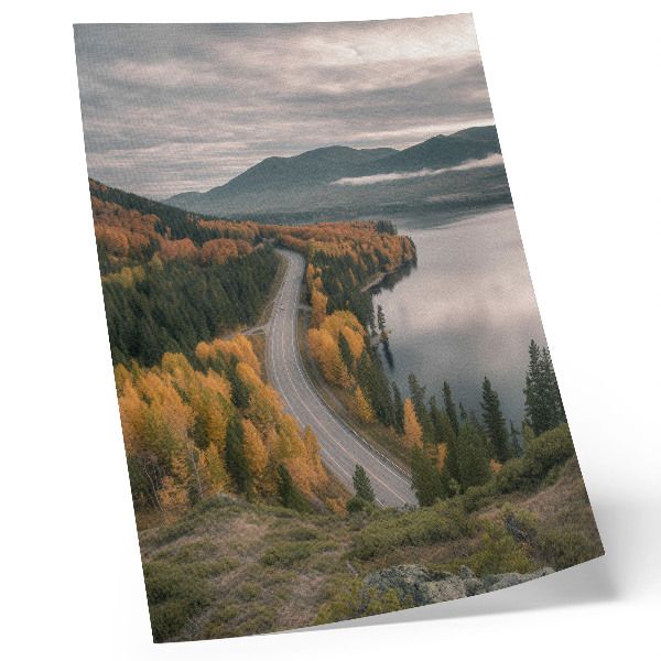 Póster con colores saturados Un pintoresco camino entre los árboles junto al lago.