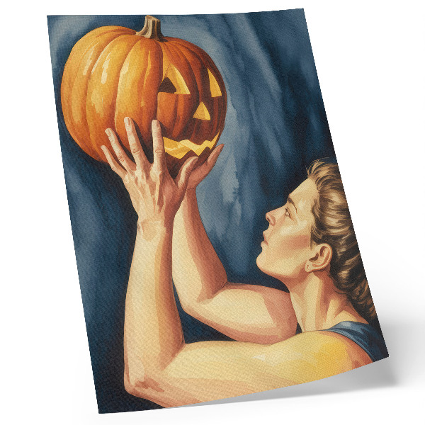 Póster con colores saturados Calabaza naranja sobre fondo azul oscuro surrealismo