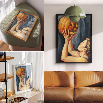 Póster con colores saturados Calabaza naranja sobre fondo azul oscuro surrealismo