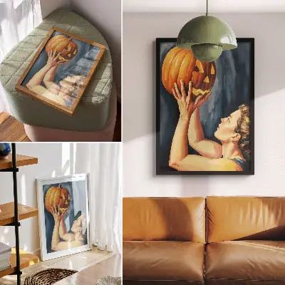 Póster de calabaza naranja sobre fondo azul oscuro diseño surrealista con colores saturados